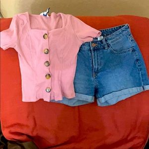 Small jean dress and small jean short outfit.